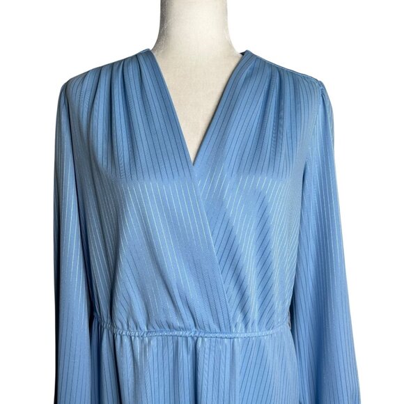 Vintage 80s Faux Wrap Dress Sz Medium Blue Striped Puff Sleeve Elastic Waist - Picture 2 of 6